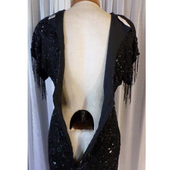 Vintage Laurence Kazar Silk Dress Black Fringe M - Picture 7 of 8